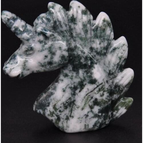 2" Unicorn Statue Green Moss Agate Natural Stone Carved Home Decoration Healing Crystal Reiki Figurine Spiritual Gemstone Gift