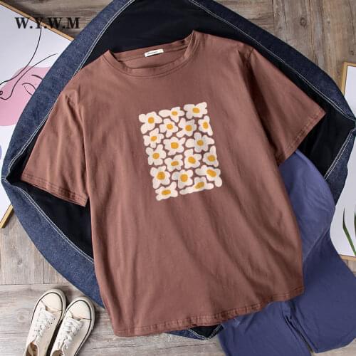 WYWM 2021 Cute Floral Printed Tshirts Women Summer Loose Flower Graphic Tee for Girls Harajuku Casual Top Fashion Female Clothes