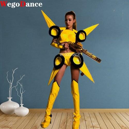 Women Cosplay Party Clothes Sexy Yellow Female Warrior Suit Nightclub Bar Dj Ds Stage Costumes Rave Performance Wear