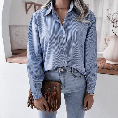 2021 Spring Autumn Womens Blouses Casual Vintage Oversized Korean Single-Breasted Long Sleeve Stripe Shirts Lady Tops 3XL B152