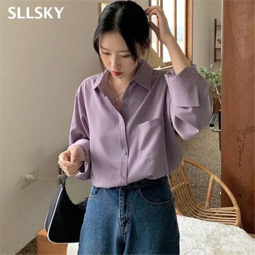 SLLSKY Vintage Purple Shirts Blouses Women Autumn Turn-down Collar Single-breasted Long Sleeve Shirts Female Tops Blouse 2020