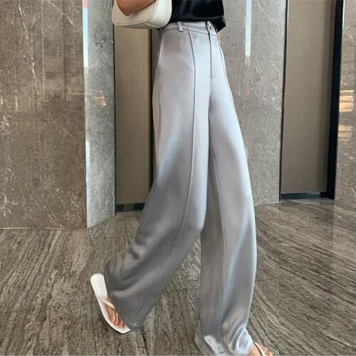 Spring Autumn Shiny Satin Suit Pants Women Elegant Wide Leg Full Length Silky Trousers Dropshipping