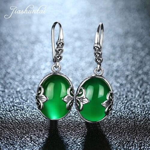 JIASHUNTAI Retro 100% 925 Sterling Silver Earrings For Women Vintage Natural Green Chalcedony Gemstone Earrings Jewelry Female