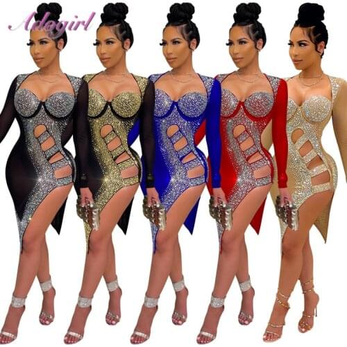 Sexy Shiny Diamonds Sheer Mesh Long Sleeve Evening Party Club Midi Dress Vestidos Women Elegant V Neck Hollow Out Split Dresses