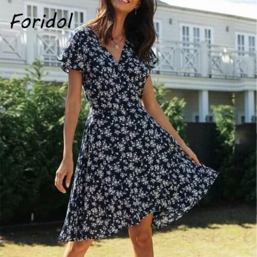 Foridol Floral Print Summer Wrap Dress Women V Neck Short Navy Blue Beach Cotton Flare Sleve Dress 2021 Holiday Vintage Dress