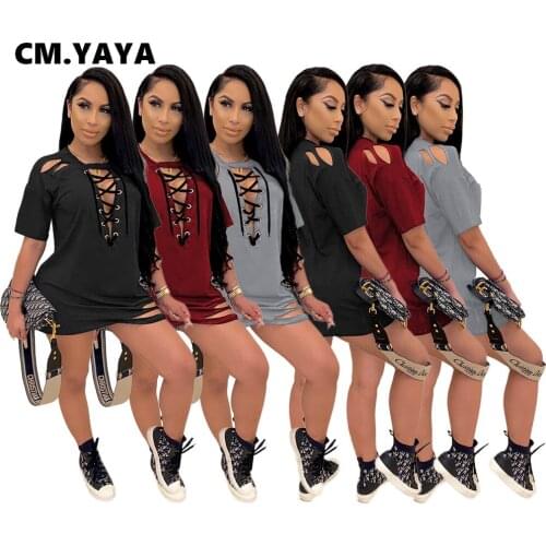 CM.YAYA Women Short Sleeve Hole Shoulder Lace Up Dress Fashion Streetwear Hollow Out T-shirt Dresses