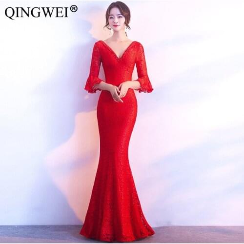 QINGWEI 2019 Elegant V Neck sexy backless strap Women dress banquet annual meeting hosted long fishtail red blue white dresses