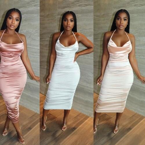 2021 Casual Women Dress Halter Pleated Sleeveless Solid Color Steetwear Summer Clothes For Women Outfit