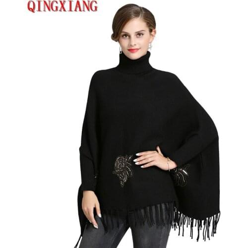 2019 High Neck Tassel Black Red Poncho Autumn Knitted Long Bat Sleeves Korean Version Sweater Women Beading Flowers Pullovers