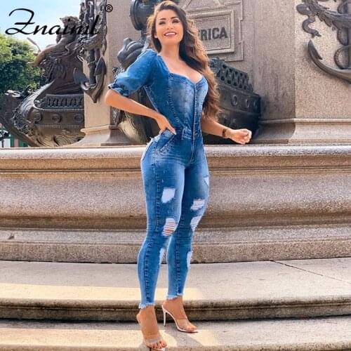 Znaiml Women Buttons Square Neck Denim Jumpsuit Ripped Rompers Pocket Bodycon Summer Jeans Overalls Fashion Party Club Playsuit