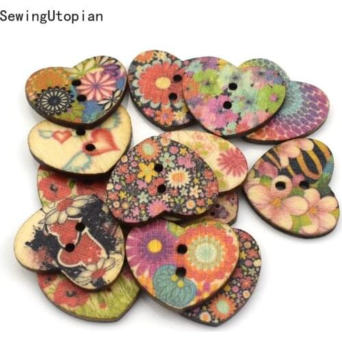 100PCS 25MM Painted Flower Wood Buttons for Handwork Sewing Scrapbook Clothing Crafts Accessories Gift Card