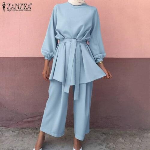 2PCS Abaya Turkey Muslim Clothing 2021 ZANZEA Womens Summer Blouse Long Pants Long Sleeve Shirts Female Belted Shirts Oversized