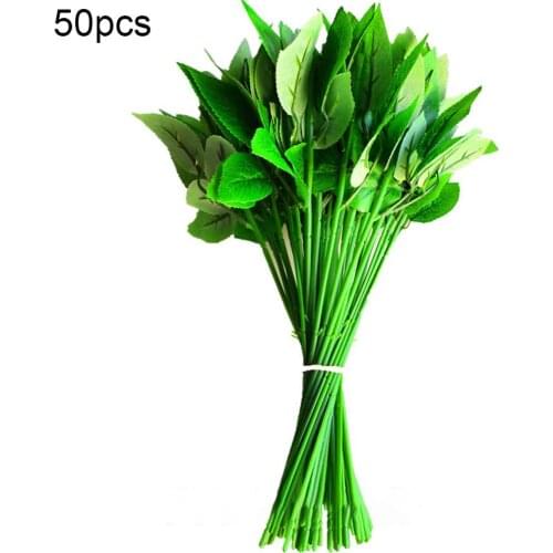 50Pcs Roses Flower Stems Green Leaf Flower Pole Bouquet Wedding DIY Decoration Artificial Plants