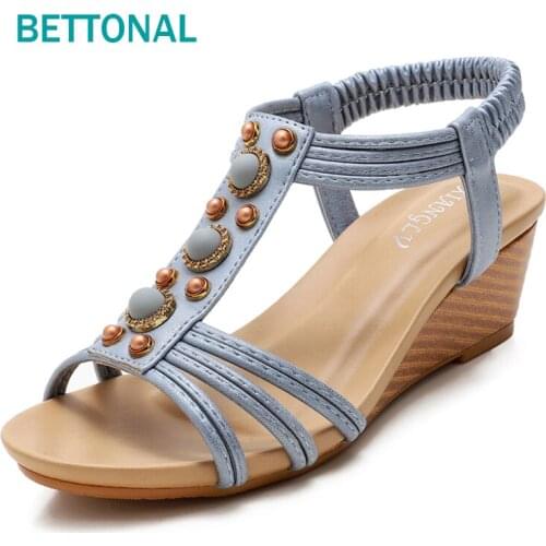 BETTONAL Elegant Pearls Metal Sandals Women Shoes Wedge Heel Party Casual Roman Bohemia Sandalias Chaussure Femme Summer Sandles
