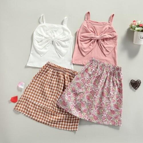 1-6Y Toddler Kids Baby Girl Sleeveless Bow Camis Tops Plaid Floral A-line Skirt 2PCS Summer Clothing Set