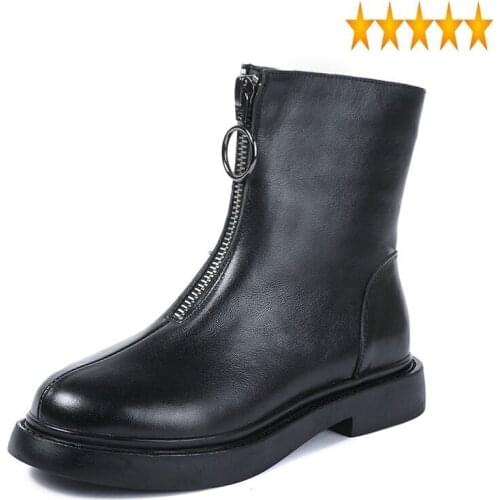 Zipper Autumn Women Vintage Designer Flat Black Ankle Female Fashion Work Shoes Punk Fleece Genuine Leather Winter Boots