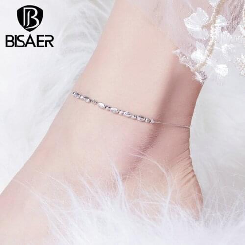 Women Anklets BISAER 925 Sterling Silver Round Circle Simple Women Anklets chain 26CM Sterling Silver Jewelry ECT010