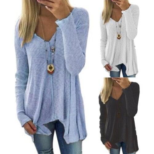 Ele-choices Lady Casual Solid Color V Neck Long Sleeve Sweater Irregular Loose Knit Pullover