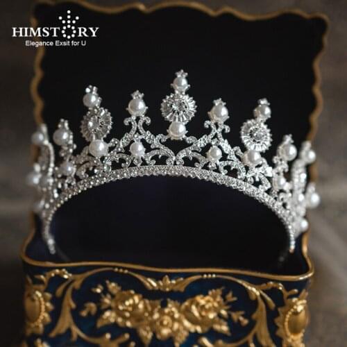HIMSTORY Wedding Hair Tiara Crystal Bridal Headpiece Crown Pearl Diadem Veil Hairband Hair Accessories Head Decoration