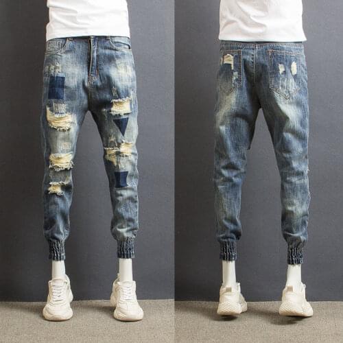 Beggar ripped heavy industry denim mens trousers street Harlan loose elastic waist all-match small feet cropped trousers