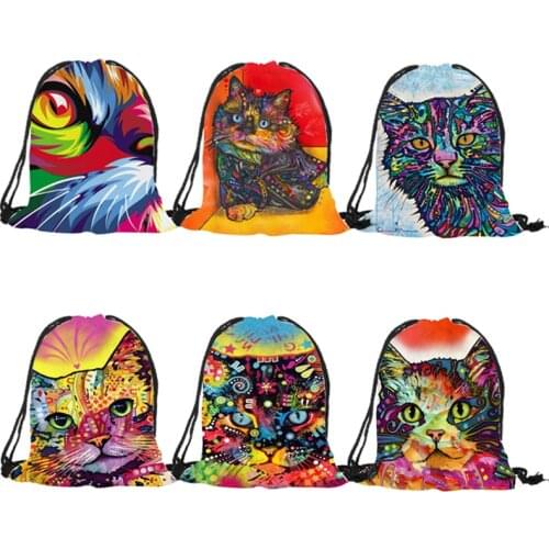Latest Oil Painting Shoulder Bags Cat Print polyester Backpacks women Girls Travel Drawstring Bag Men GYM Sport Backpack