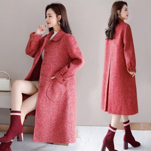 Korean New Houndstooth Wool Jacket For Autumn Winter Warm Loose Thick Womens Long Overcoat Elegant Temperament Windbreaker Coat