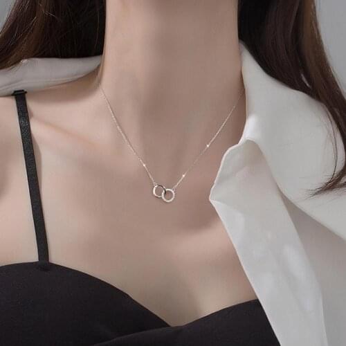 New Exquisite Rhinestone Circle Interlock Pendant Necklace Geometric Double Circle Clavicle Chain Necklace Women Jewelry Gift