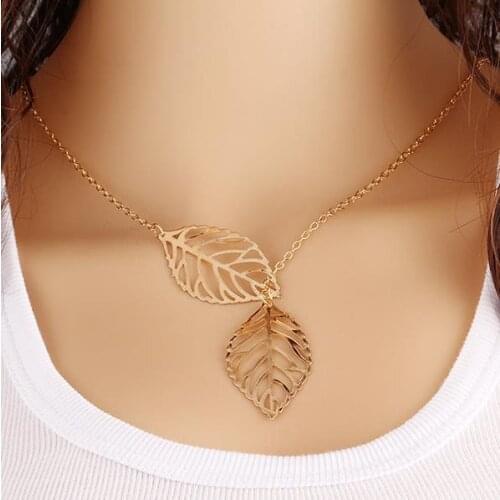 New Fashion Gold Color Double Leaves Charms Choker Necklaces Hollow Leaf Pendants For Women Party Gift