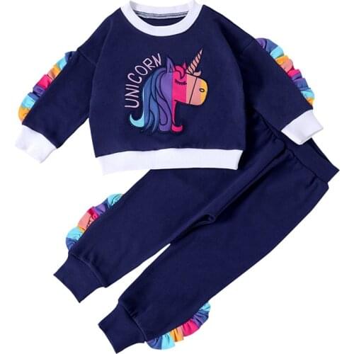 Autumn Girls Set Unicorn Print Sweatshirt + Pants Casual Suits for Kids Children Suits Clothes