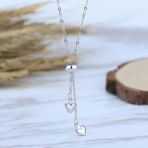 New Fashion Simple White Copper Double Love Heart Necklace Chain Long Tassel Drop Pendant Necklace For Women Ladies Fine Jewelry