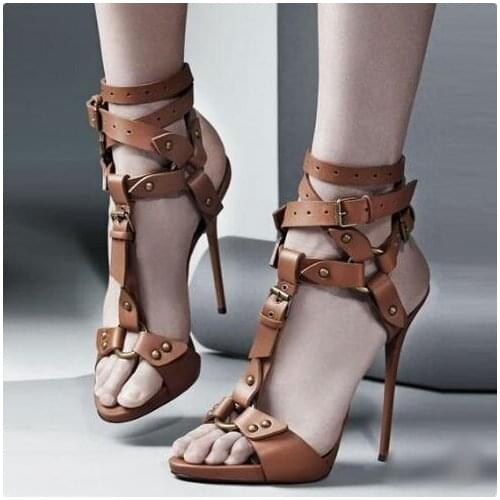 Sexy Stiletto High Heels Women Sandals T-bar Rivet Studded Platform Sandals Buckle Strap Gladiator Sandals Women Zapatos Mujer