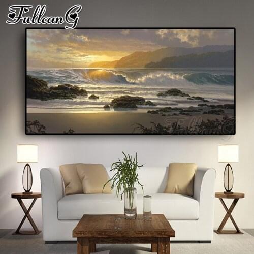 FULLCANG 5D diy full square round drill large diamond painting Sunset Beach Landscape mosaic embroidery Sea Wave Seascape FC1952