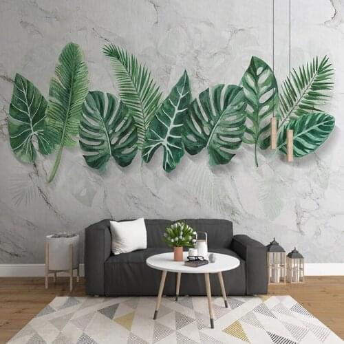 Custom Photo Wallpaper Modern Marble Pattern 3D Hand-painted Plant Leaf Background Wall Painting Papel De Parede Sala Wallpapers
