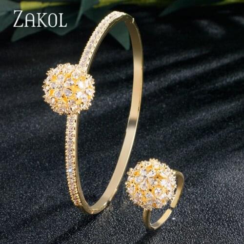 ZAKOL New Fashion Cubic Zirconia Flower Cluster Bridal Jewelry Bracelet Ring Set for Women Wedding Party Birthday Gift FSSP3104