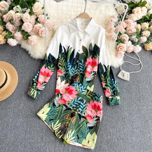 Spring Fall Fashion Suits Lapel Strapless Long-sleeved Shirt Tropical Plant Print High-waisted Wide-leg Shorts 2 piece Set Women