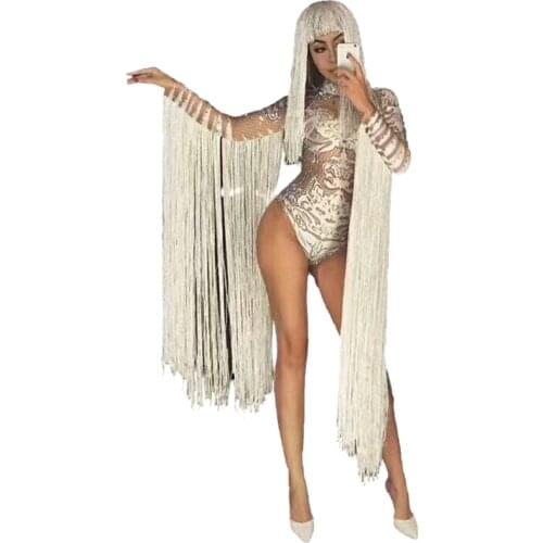 2020 Women New Nightclub Modern Girls Car Model DjDS White Fringed Sleeve Onesies Dance Costume Costume Party Celebration
