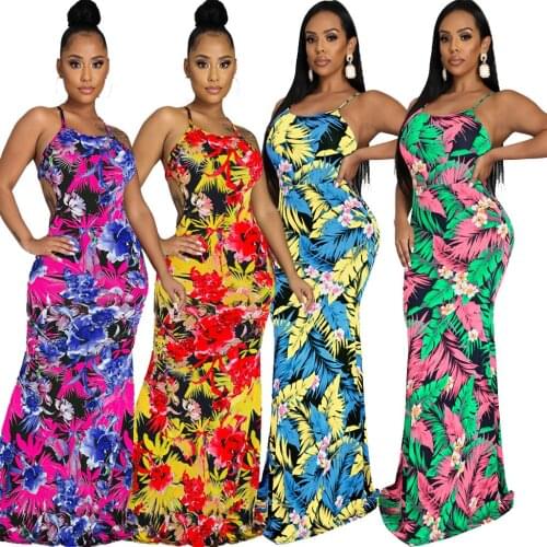 Women Sexy Fashion Printing Sundress Sleeveless Backless Bodycon Maxi Dress High Waist Lace Up Spaghetti Sling Bag-hip Dresses