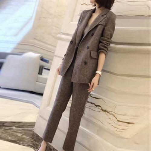 2021 Autumn Winter Women Woolen Pant Suits Female Notched Collar Blazer Jacket & Pencil Pant Office Ladies Work Female Suit M590
