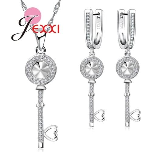 Fashion Bridal Accessories CZ 925 Sterling Silver Jewelry Sets Key Pendant Necklace/ Earrings Statement Jewelry Sets