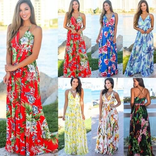 Womens Sling Floral Print Long Dresses Summer Boho V-Neck Backless Sleeveless Party Beach Casual Maxi Dress Sundress