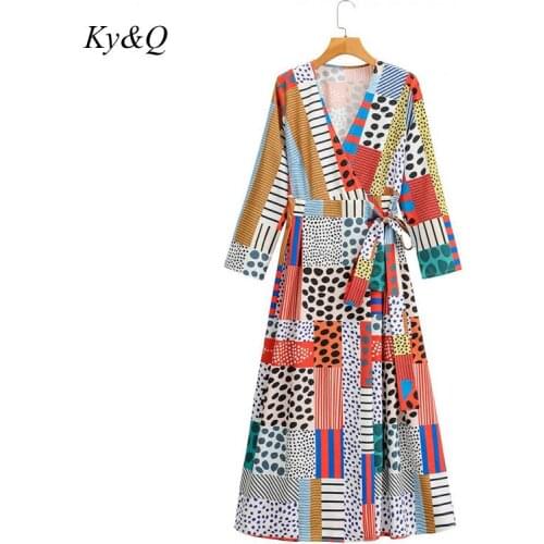 Boho Runway Fashion Vacation New Women Party Dress 2020 Fall Polka Dot Printed V-neck Long Sleeve Midi Dress Clothing
