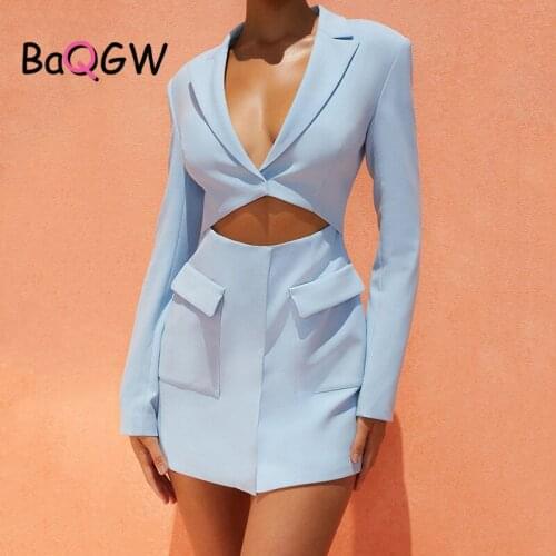 BaQGW Autum Long Sleeve Slim Blazer Dress Summer Hollow Out Women Fashion Solid Deep V Neck Streetwear Office Lady Slim Outfits