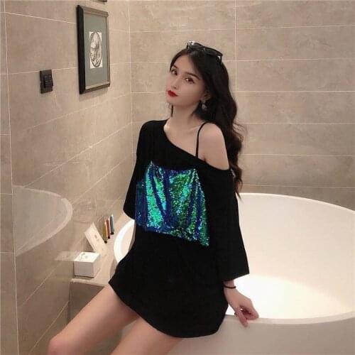Summer Fake Two Pieces Sequined Strapless Short Sleeve Straight Fashion Sexy Black White Plus Size Women Dress