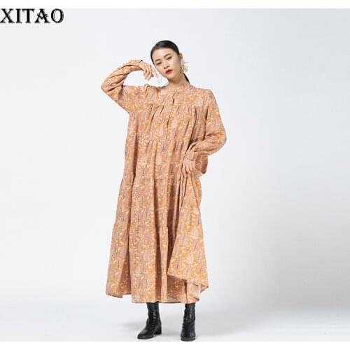 XITAO Vintage Printed Dress Women Long Sleeve Wild Loose Dresses for Women Plus Size Stand-up Collar Minority Autumn New XJ5323