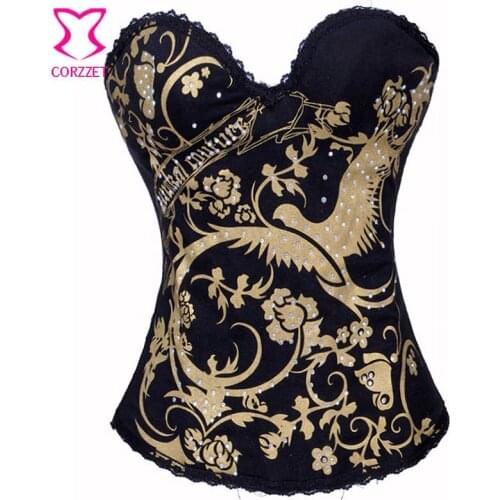Gold / Silver Phoenix &Floral Prints with Rhinestone Sexy Bustier Steampunk Corset Gothic Clothing Women Burlesque Show Corselet