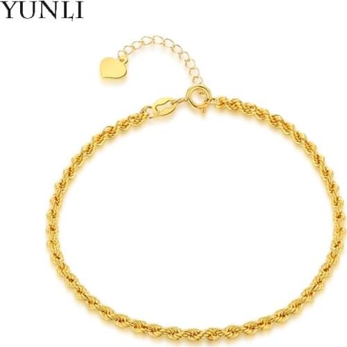YUNLI Real 18K Gold Twisted Chain Bracelet Simple Style Pure AU750 Adjustable Hemp Rope Chain for Women Fine Jewelry Gift