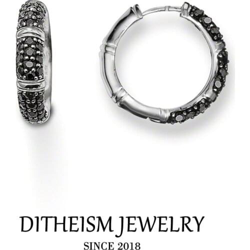 Creole Black Bamboo Hinged Hoop Earrings, 2018 New Cubic Zirconia Fashion Jewelry Trendy 925 Sterling Silver Gift For Women Men