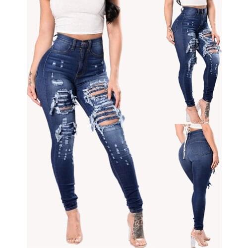 Jeans Woman Casual Mid Waist Skinny Hole Ripped Jeans For Women Skinny Denim Pants Streetwear Gradient Color Slim Trousers 2021