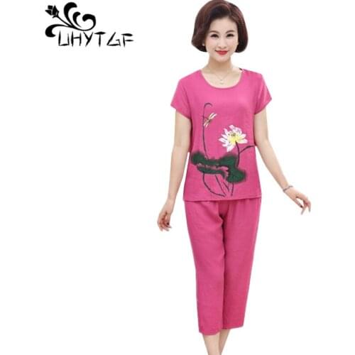 UHYTGF Plus size 2 piece set Women Summer Cotton and linen Short Sleeve Set Thin Pullover tops and pants Two-piece Set wome 283