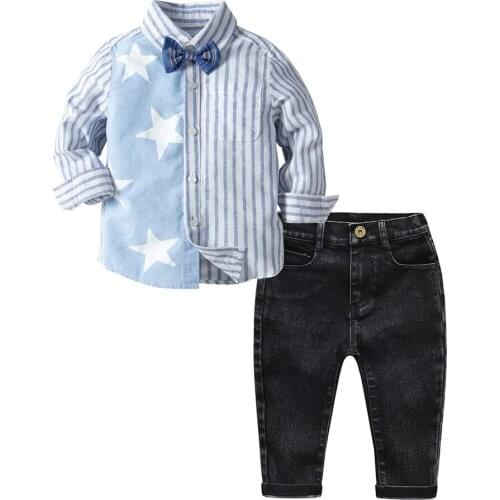 Boys Clothing Set 2-8 Y Spring Autumn Long Sleeve Shirt & Long Denim Pant & Bow Tie Kids Cotton Fashion Gentleman Shirt Suits